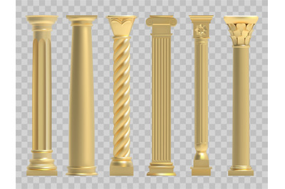 Ancient columns. Realistic golden greek ancient column, classic histor