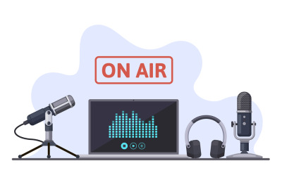 On air. Podcast, radio broadcast, or audio streams, sound recording wi