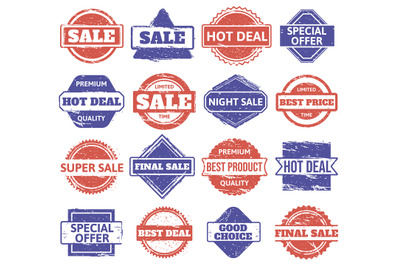 Sale rubber stamp. Vintage shopping discount badges, grunge texture sa