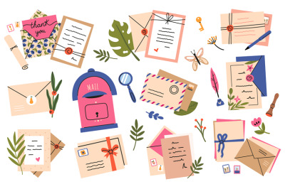 Postal envelopes and cards. Postcards, craft paper letters and cute po