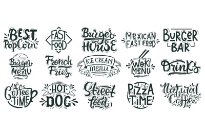 Fast food lettering. Junk, street food cafe, bakery, restaurant badges