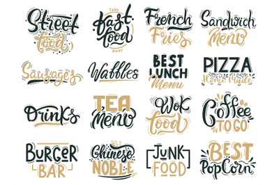 Junk food quotes. Fast food, junk and street food lettering, beverages