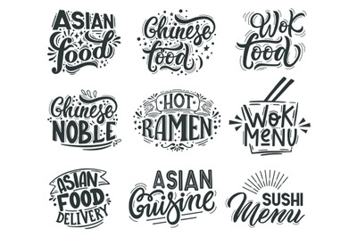 Asian wok. Noodle, ramen and wok cafe menu lettering quotes, asian tra