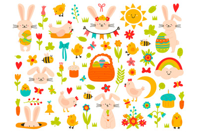 Easter spring elements. Eggs&2C; rabbit&2C; flowers and chickens&2C; cute easte