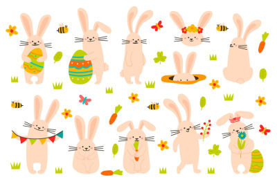 Cute easter bunny. Spring funny rabbits&2C; easter bunny mascots with egg