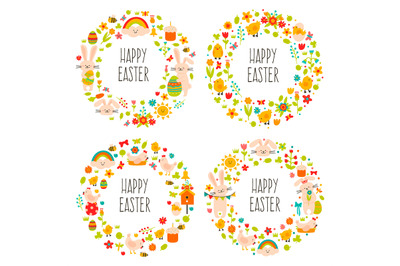 Easter wreaths. Cute doodle spring decorations&2C; wreath with spring egg