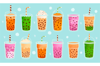 Bubble milk tea. Pearl milk tea, matcha milk, cocoa, fruit flavours an