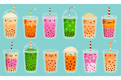 Bubble tea mascots. Cute bubble milk tea, matcha milk and green tea wi