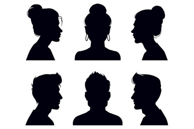 Male and female head silhouettes. People profile and full face portrai