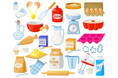 Cartoon baking ingredients. Bakery ingredients, baking flour, eggs, bu