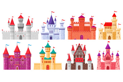 Cartoon medieval castles. Fairytale medieval towers,