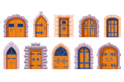 Castle medieval doors. Cartoon ancient fortress wooden gates, medieval