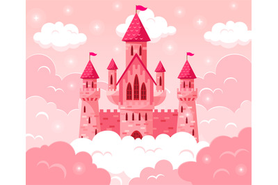 Cartoon fairy tale pink castle. Magic fairytale medieval tower&2C; prince