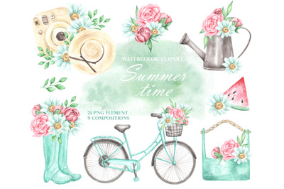 Watercolor clipart Summer time. Spring time. Watercolor illustrations.