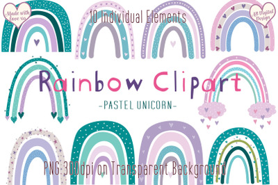 Pastel Rainbows Clipart, Fun Modern Boho Rainbows, PNG