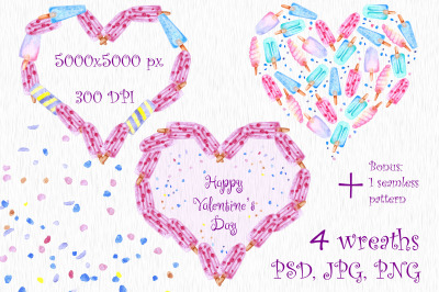 Valentine&#039; s wreaths Watercolor hearts Heart clipart Ice cream clipart