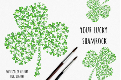 Green lucky shamrock, Watercolor Shamrock Clipart