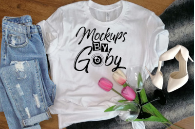 White T-shirt Mockups&2C; Bella Canvas 3001 Shirt&2C; Flowers