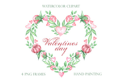 Valentines day watercolor clipart. Frame, wreath, border. Love clipart