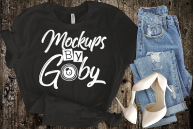 Mockup Black T-shirt&2C; Old Wood Background&2C; Hight Heels&2C; Styled Mockups