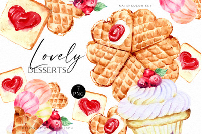Valentine&#039;s day watercolor clipart, Heart sweets cookies, love vaffel