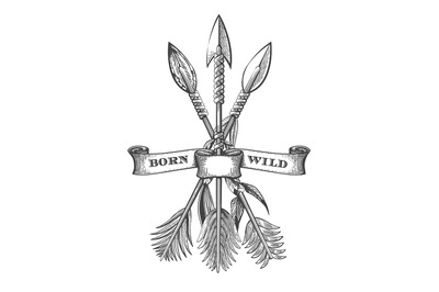 Hand Drawn Native Americans Arrows and Wording Born Wild Tattoo