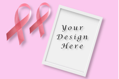 White Frame Mockup, Breast Cancer Mock Ups, Flat Lays Image, Pink Ribb