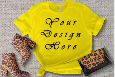 Mockup Yellow Bella Canvas 3001 T-shirt, Women Design Mockups, Flat La