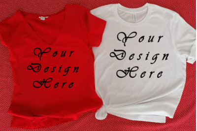 Red and White T-shirts, Mockups, Dots Background, Flat Lays Image, Dig