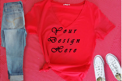 Red T-shirt Mockup&2C; Digital Mockups&2C; Dots Background&2C; Flat Lays Image&2C;