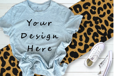 Grey T-shirt Mock Up&2C; Leopard Print Blanket&2C; shoes&2C; Unisex Design