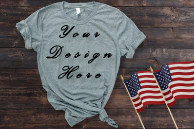 Gray T-shirt Mockups, the American flag, unisex mockups, old wood