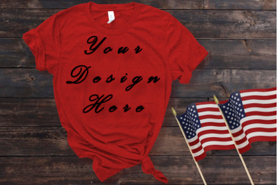 Red T-shirt Mockup, Digital Mockups, Wood Background, Flat Lays Image