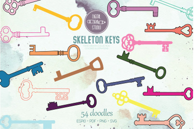 Skeleton Keys Color | Hand Drawn Victorian Heart Door Lock