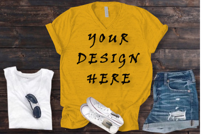 Yellow Gold T shirt Mock Up&2C; Summer Vibes&2C; Flat Lays Image