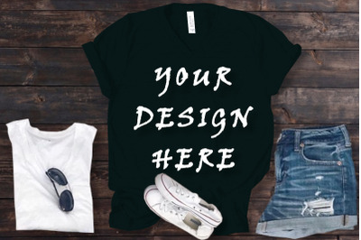 Black V-neck T shirt, Summer Design, Flat Lays Image,
