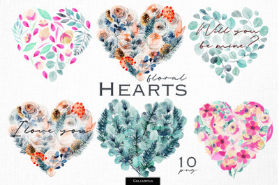 Watercolor floral hearts