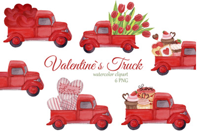 Red trucks with hearts, tulips and sweets. Valentine&#039;s Day Watercolor