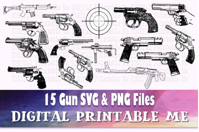 Gun SVG&2C;  Handgun Silhouette bundle&2C; PNG&2C; clip art&2C; 15 Digital files&2C;