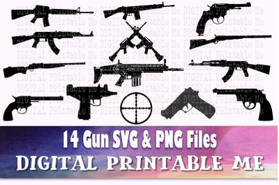 Gun SVG&2C;  Handgun Silhouette bundle&2C; PNG&2C; clip art&2C; 14 Digital files&2C;