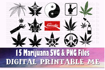 Weed svg, Cannabis silhouette bundle, 15 images, Marijuana plant, bong