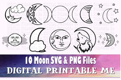 Moon svg&2C; silhouette bundle&2C; PNG&2C; clip art&2C; 10 Digital&2C; Crescent Moon&2C;