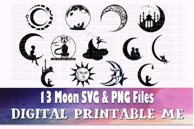 Moon svg&2C; silhouette bundle&2C; PNG&2C; clip art&2C; 13 Digital&2C; Crescent Moon&2C;