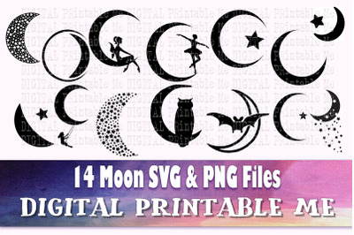 Moon svg, silhouette bundle, PNG, clip art, 14 Digital, Crescent Moon,