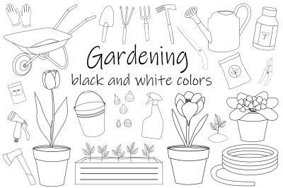 Gardening black and white. Garden tools. Elements gardening.