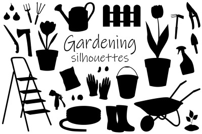 Gardening silhouettes. Garden tools silhouettes. Garden SVG