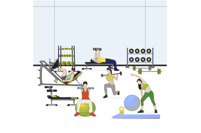 Gym with sport equipments with man and women