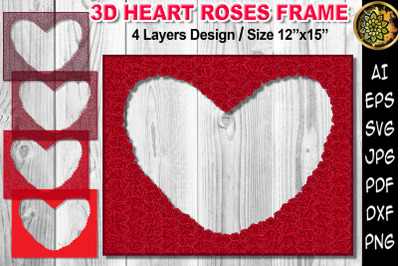 3D Heart Red Roses Layered Design Frame SVG Papercut