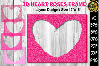 3D Heart Pink Roses Layered Design Frame SVG Papercut