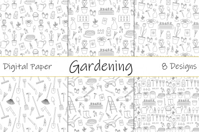 Gardening pattern. Gardening black and white. Garden tools.